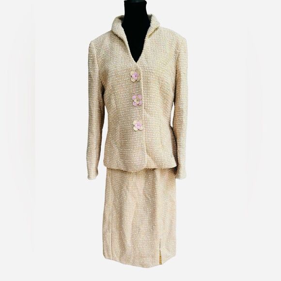 Vintage Escada Wool Tweed Suit Size 10 Pastel Yellow Mod Mad Men Vibes - Picture 1 of 12